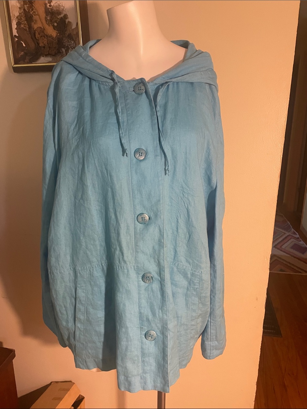 J. Jill Linen Light Blue Hooded Button Front Jacket